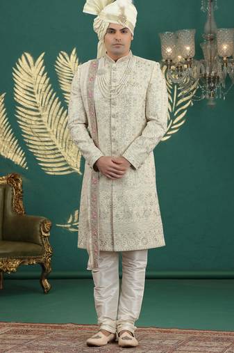cream computer thread work on art silk sherwani for men 