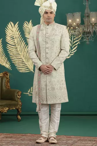cream computer thread work on art silk sherwani for men 