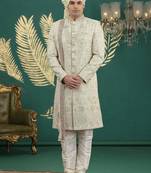 cream computer thread work on art silk sherwani for men 