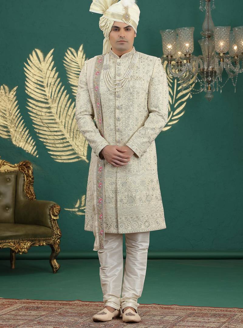 cream computer thread work on art silk sherwani for men 