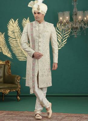cream computer thread work on art silk sherwani for men  2