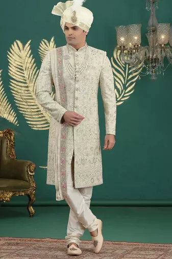 cream computer thread work on art silk sherwani for men 