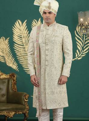 cream computer thread work on art silk sherwani for men  3
