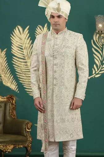 cream computer thread work on art silk sherwani for men 