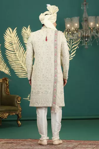 cream computer thread work on art silk sherwani for men 