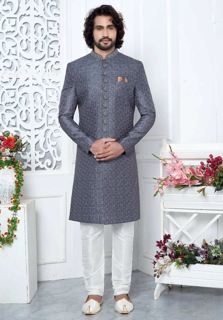 grey computer thread work on art silk sherwani for men 