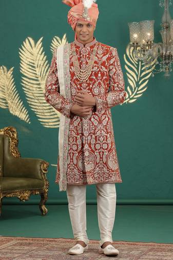 orange computer thread work on art silk sherwani for men 