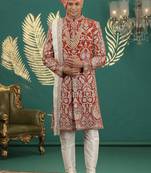 orange computer thread work on art silk sherwani for men 