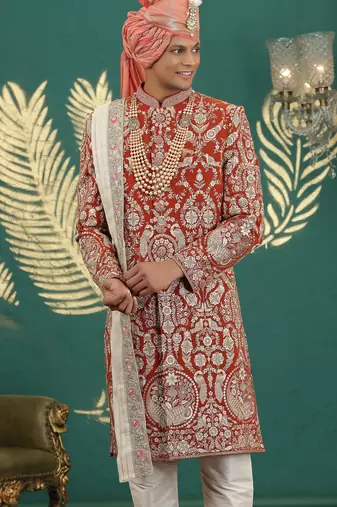 orange computer thread work on art silk sherwani for men 