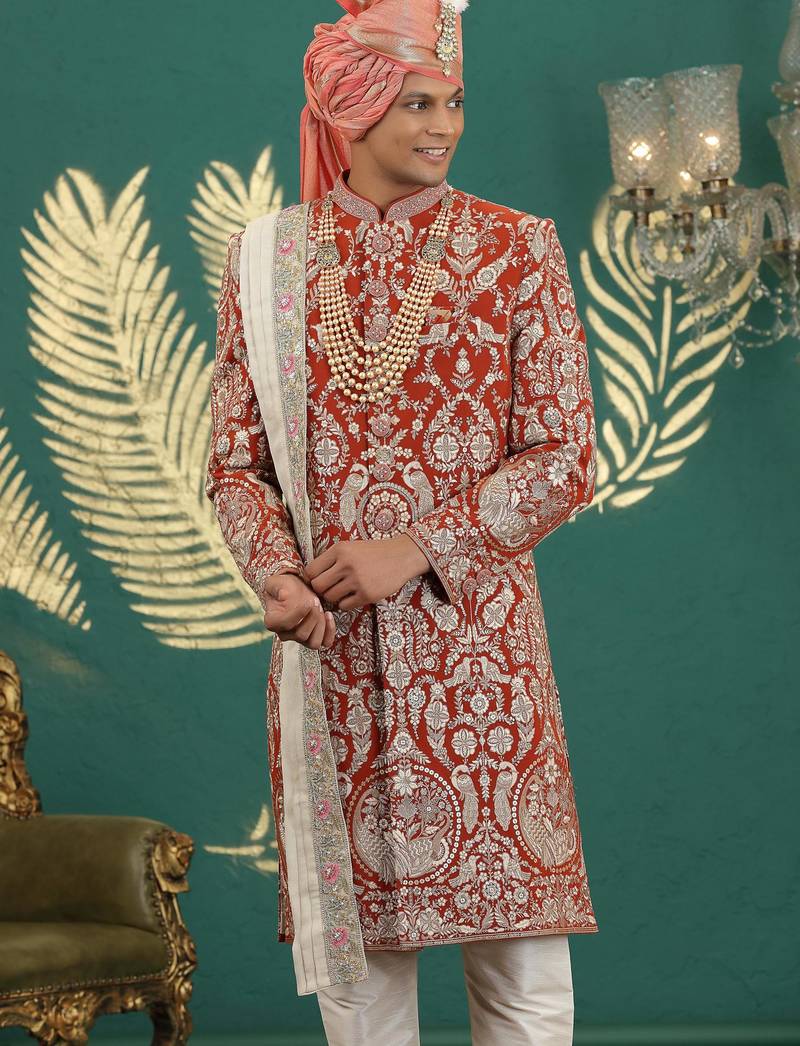 orange computer thread work on art silk sherwani for men 