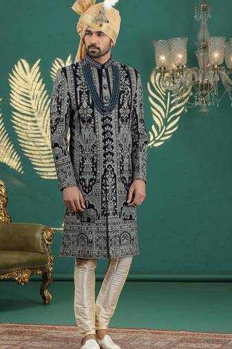 blue computer thread work on art silk sherwani for men 