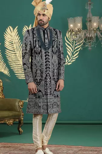 blue computer thread work on art silk sherwani for men 