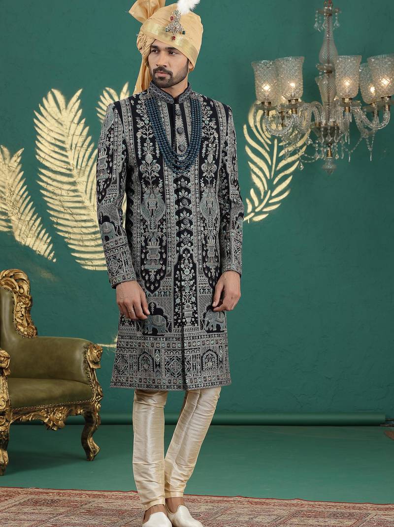 blue computer thread work on art silk sherwani for men 