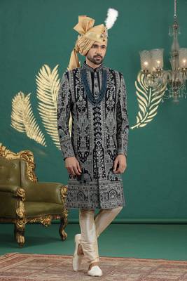 blue computer thread work on art silk sherwani for men  2