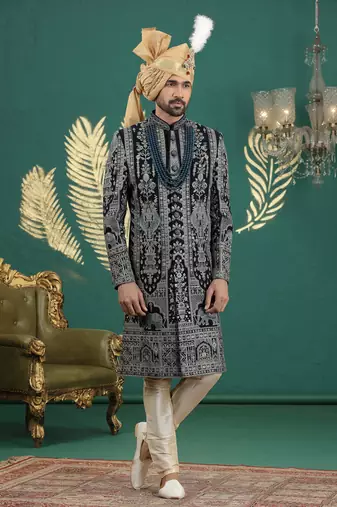 blue computer thread work on art silk sherwani for men 