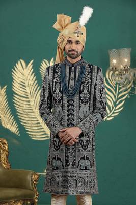 blue computer thread work on art silk sherwani for men  3
