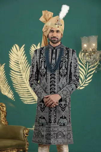 blue computer thread work on art silk sherwani for men 