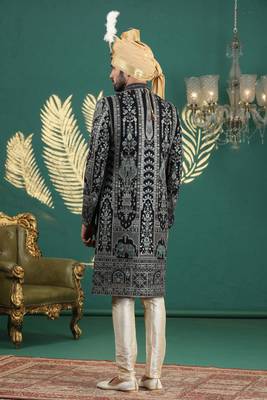 blue computer thread work on art silk sherwani for men  4