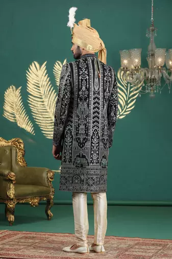 blue computer thread work on art silk sherwani for men 