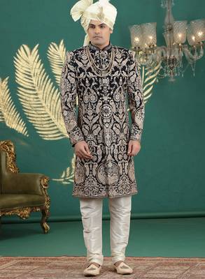 black computer thread work on art silk sherwani for men  1