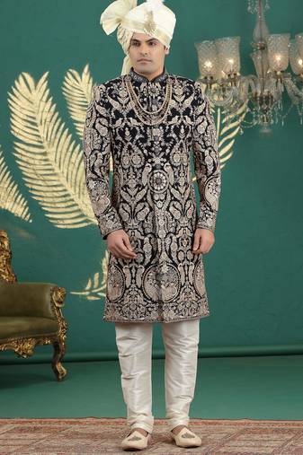 black computer thread work on art silk sherwani for men 