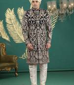 black computer thread work on art silk sherwani for men 