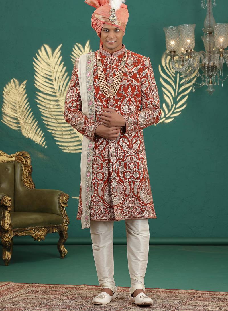 orange computer thread work on art silk sherwani for men 
