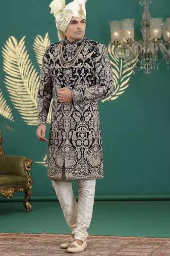 black computer thread work on art silk sherwani for men 