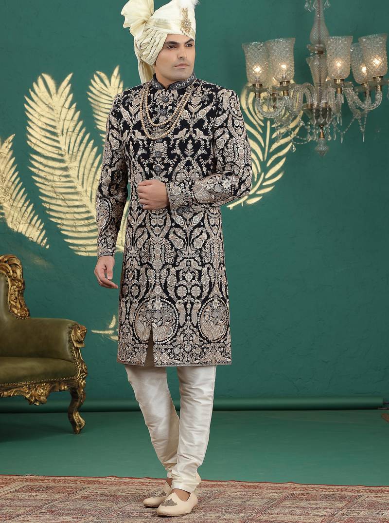 black computer thread work on art silk sherwani for men 