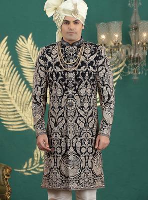 black computer thread work on art silk sherwani for men  3