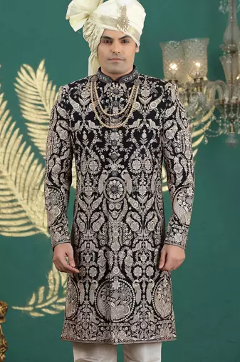black computer thread work on art silk sherwani for men 