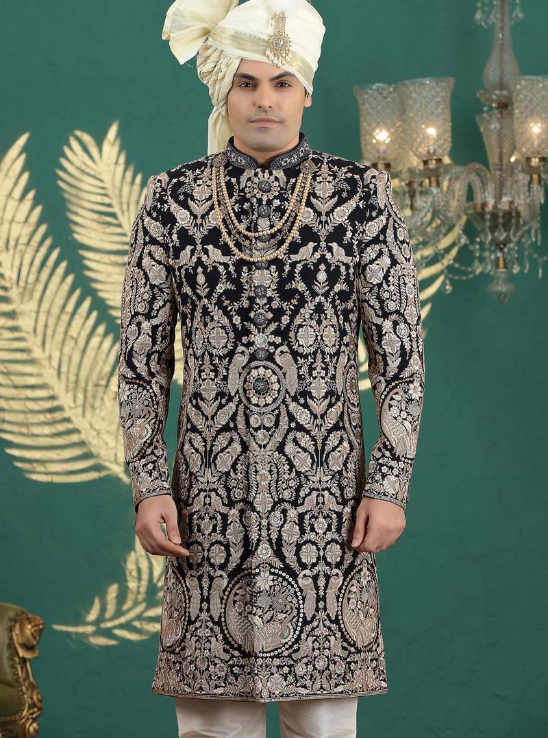 black computer thread work on art silk sherwani for men 