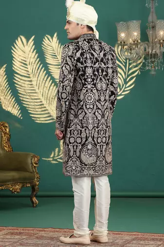 black computer thread work on art silk sherwani for men 