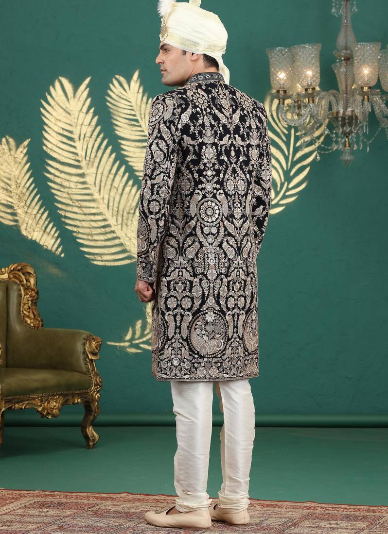black computer thread work on art silk sherwani for men 
