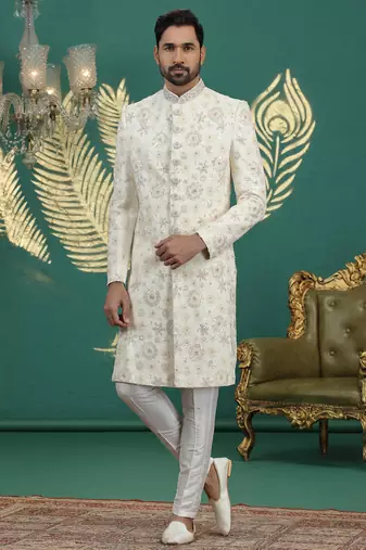 cream computer thread work on art silk sherwani for men 