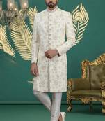 cream computer thread work on art silk sherwani for men 