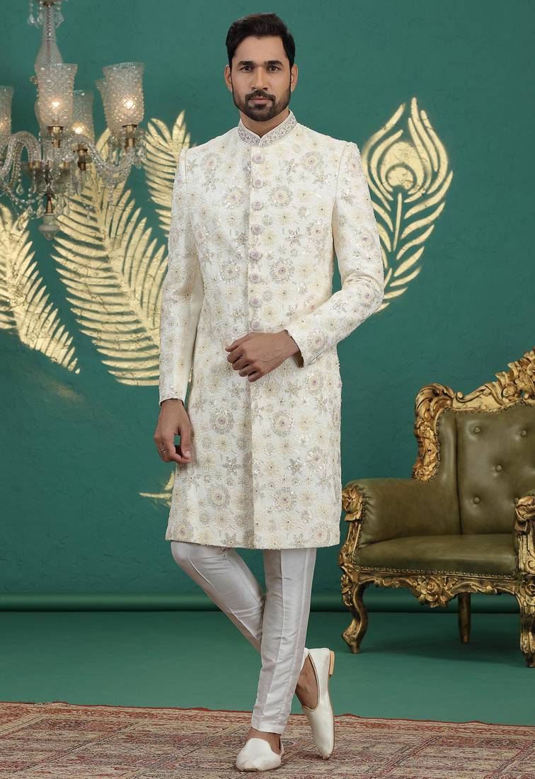 cream computer thread work on art silk sherwani for men 