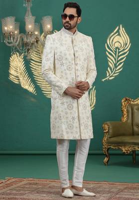 cream computer thread work on art silk sherwani for men  2