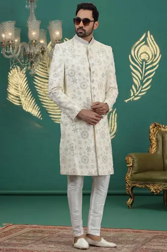 cream computer thread work on art silk sherwani for men 