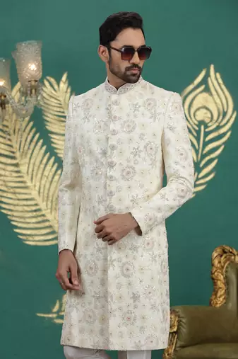 cream computer thread work on art silk sherwani for men 
