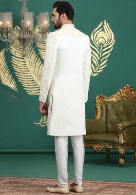 cream computer thread work on art silk sherwani for men  4