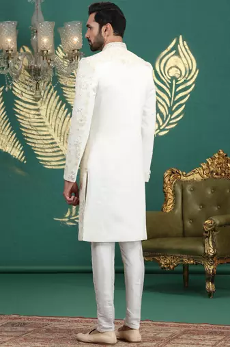 cream computer thread work on art silk sherwani for men 