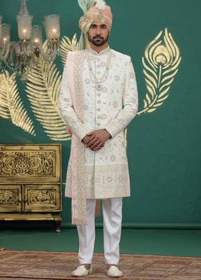 cream computer thread work on art silk sherwani for men  1