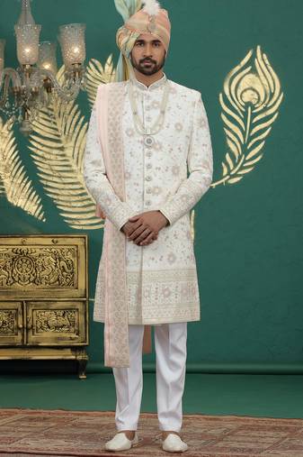 cream computer thread work on art silk sherwani for men 