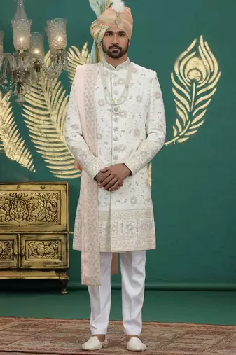 cream computer thread work on art silk sherwani for men 