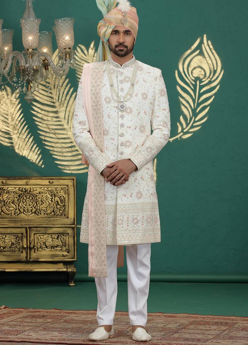 cream computer thread work on art silk sherwani for men 