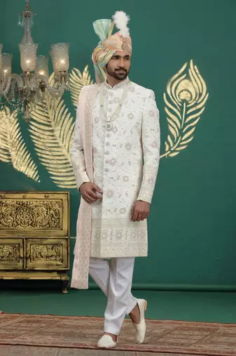 cream computer thread work on art silk sherwani for men 