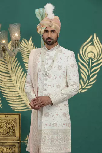 cream computer thread work on art silk sherwani for men 