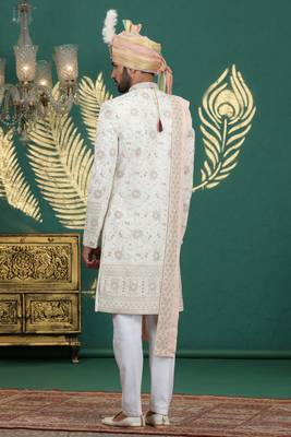 cream computer thread work on art silk sherwani for men  4