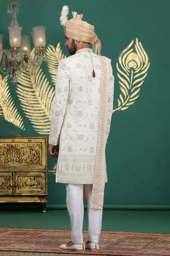 cream computer thread work on art silk sherwani for men 
